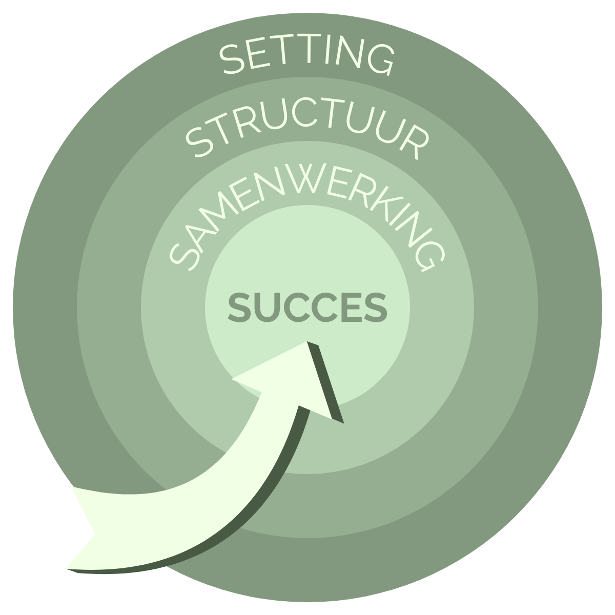 4 concentrische cirkels, de buitenste "setting", de volgende "structuur", daarna "samenwerking" en in het midden "success", met een pijl die van buitenaf over de verschillende lagen heen naar "succes" wijst.